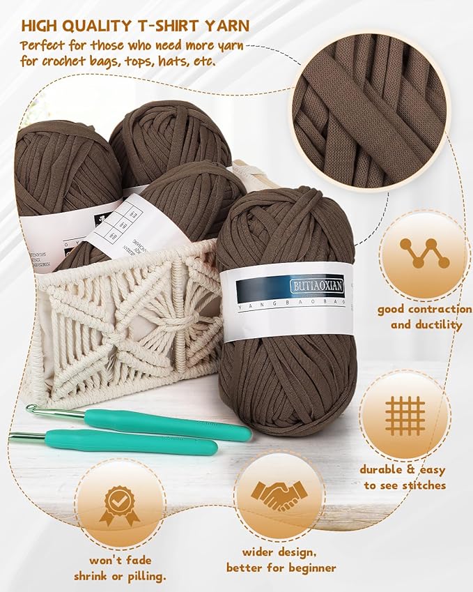 Katech T-Shirt Yarn - Pink Elastic Fabric Crochet & Knitting Kit, 400g, 130yds - Thick Spaghetti Yarn for Handmade Bag & Basket Cushion Crocheting Projects, Home Decor (Brown)
