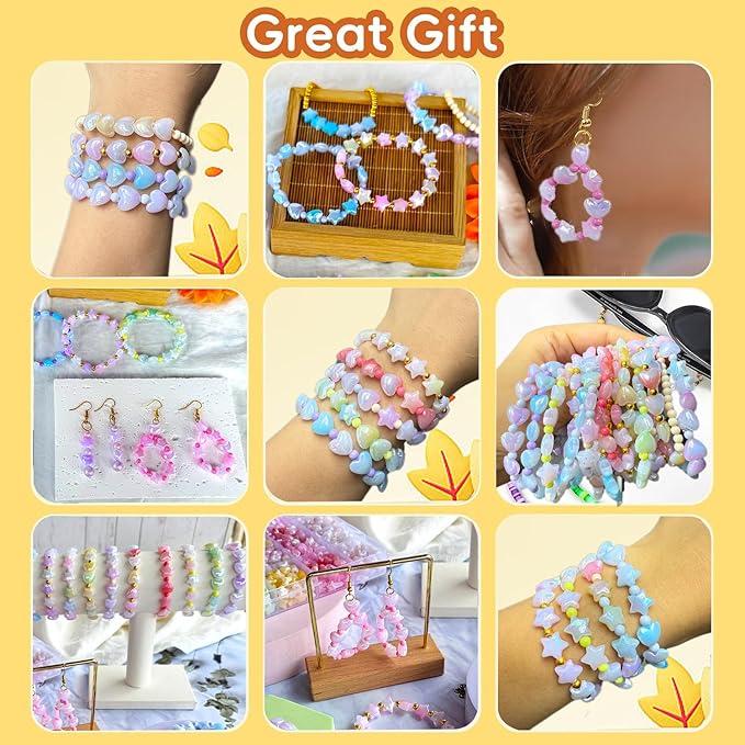 1000Pcs Acrylic Star Beads Hart Beads for Bracelet Jewelry Making, ABS Cute Acrylic Pastel Bead Colorful Assorted Aesthetic Rianbow Kawaii Bead Bulk for Bracelet DIY Craft Earring Phone Charm