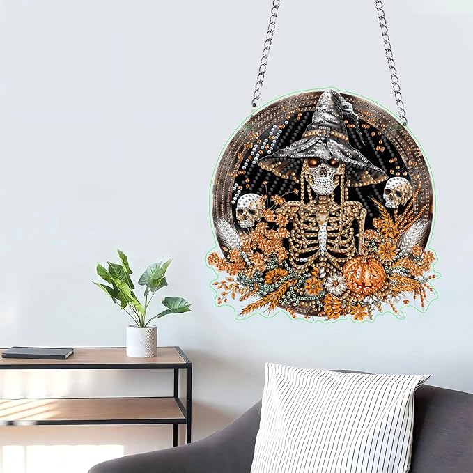 LOMSIOY Diamond Art Hanging Kit for Adult, Halloween Front Door Sign Window Decor for Outdoor, Skeleton Double Sided Summer Decor Suncatcers for Porch, Hanging Pendants for Garden Wall （8x8 Inch