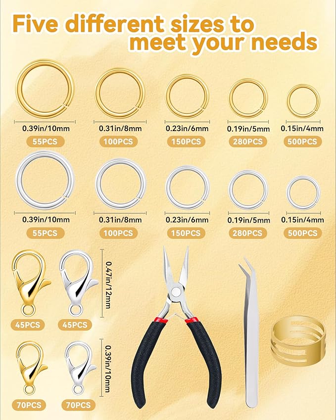 FIVEIZERO 2400PCS Jump Rings Kit for Jewelry Making Supplies & Necklace Repair with Silver & Gold Jump Rings, Lobster Clasps, Pliers, Tweezer & Opener, Jewelry Repair Kit for Earrings and Charms ﻿