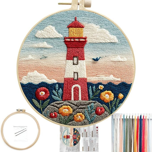 FONNUY Embroidery Kit for Beginners, Lighthouse Landscape Flowers Pre-Stamped Pattern Kits for Adults with Hoop, Easy to Follow Color Thread Needlework, 8'' Hoop (Blue and Orange)