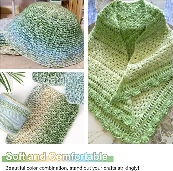 Aeelike Gradient Yarn for Crocheting, Soft Ombré Fairyland Yarn # 3 Light Weight with Vibrant Colors 6 x 100g (3.52 oz) 245m (267 Yards) for DIY Making Colorful Blanket Scarves Hat, Green Gradient