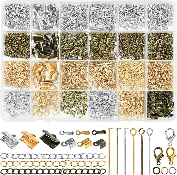 Jewelry Making DIY Kit Accessories, Jewelry Repair Tool Set with Ribbon Crimp Ends, Lobster Clasps, Head Pins, Eye Pins, Jump Rings, Extender Chain, Teardrop Dangle End Beads, Cord Crimp End Tips