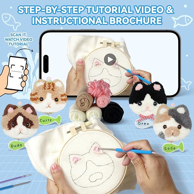 MOREJMTT Punch Needle Kit for Beginners Adults Easy Punch Needle Embroidery Kit,Including Printed Patterns, Needles, Easy to Follow Instructions and Videos(The World of Cats)