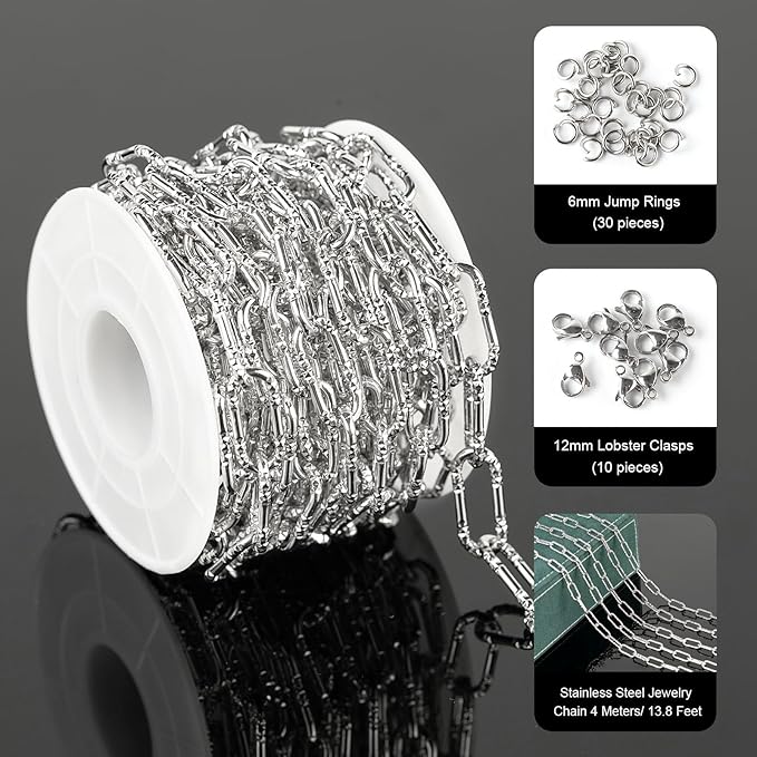 UMAOKANG 13 Feet Stainless Steel Chain for Jewelry Making Embossed Paperclip Chain Necklace DIY Making for Men and Women Jewelry Chain Roll