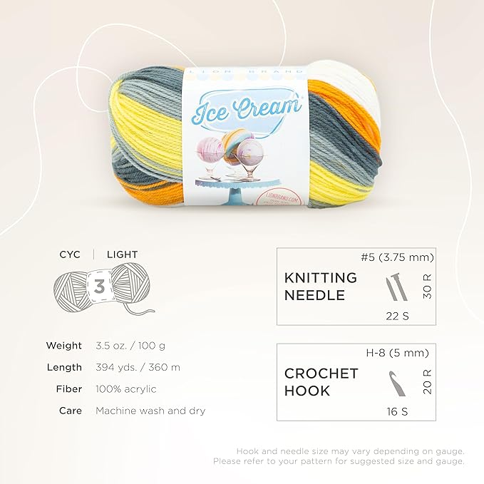 Lion Brand Yarn, Ice Cream Baby Yarn for Knitting, Crochet, and Crafts, Tiger Tail, 1 Pack, DK Weight Colorful Acrylic Fiber for Baby Blankets, Hats, and Sweaters