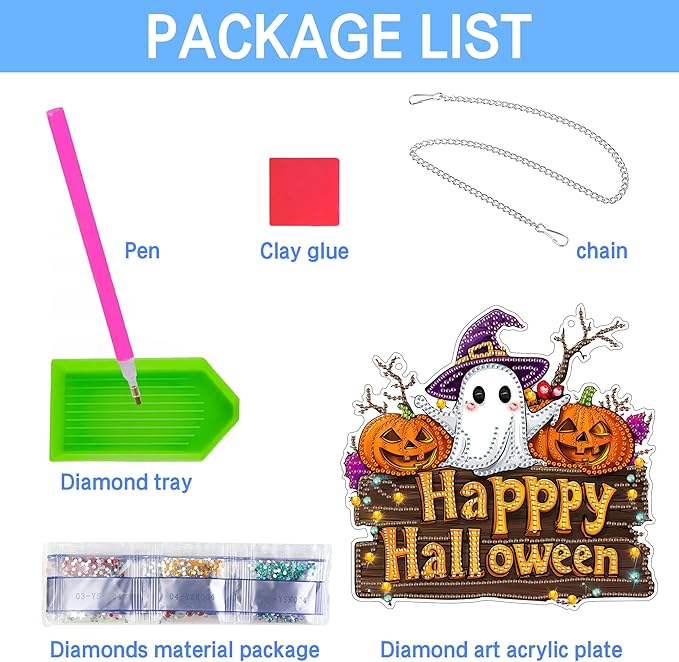 VAIIEYO Halloween Diamond Art Hanging Ornament, Ghost Pumpkin Diamond Painting Suncatchers Window Hanging Kit with Chain,7.5x7.5 inch Crystal Pendant Art Craft for Gift Home Wall Front Door Decoration