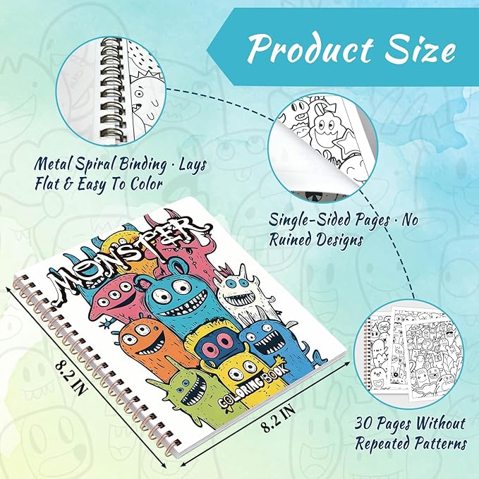 Tlenpo Adult Coloring Book for Women, 30 Pages Cute Monster Pattern Single-Sided, Spiral Bound Lay-Flat, Gifts Arts and Crafts for Women to Relax, Alcohol Marker Friendly