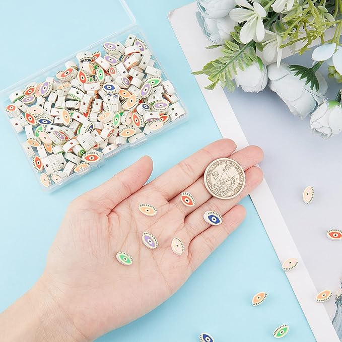 SUNNYCLUE 1 Box 200Pcs Clay Beads Evil Eye Handmade Polymer Clay Evil Eye Beaded Oval Shaped Clay Slices Charm Bead Loose Spacer Beads for Jewelry Making Beading Bracelets Necklace DIY Craft Supplies