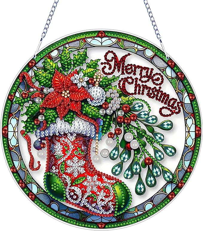 Diamond Art Hanging Kits for Adult, Christmas Diamond Art Crafts Decor, 5D DIY Acrylic Diamond Art Painting Ornaments, Window Pendants Wall Hanging Kits for Home Garden (Socks)