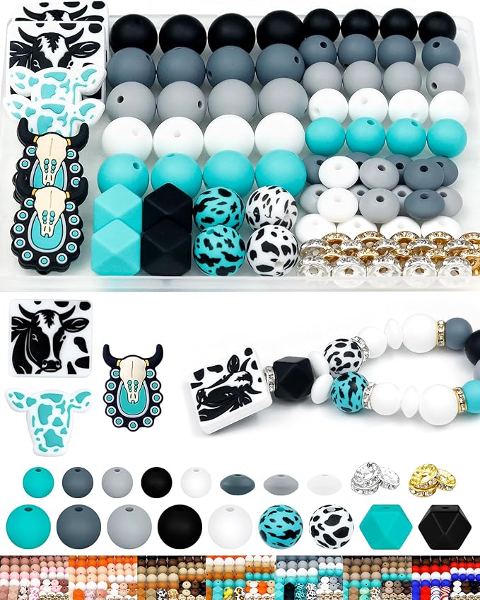 112PCS FIVEIZERO 12mm 15mm Cow Focal Silicone Beads for Keychain Making, Round, Lentil, Hexagonal, Print, 10mm Rhinestone Rondelle Spacers Beads for Bracelet, Pens, Necklace Crafts(Black Green)