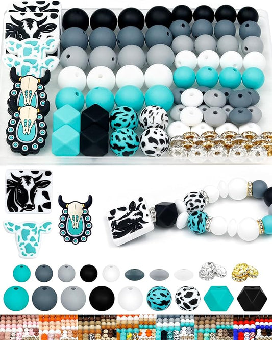 112PCS FIVEIZERO 12mm 15mm Cow Focal Silicone Beads for Keychain Making, Round, Lentil, Hexagonal, Print, 10mm Rhinestone Rondelle Spacers Beads for Bracelet, Pens, Necklace Crafts(Black Green)