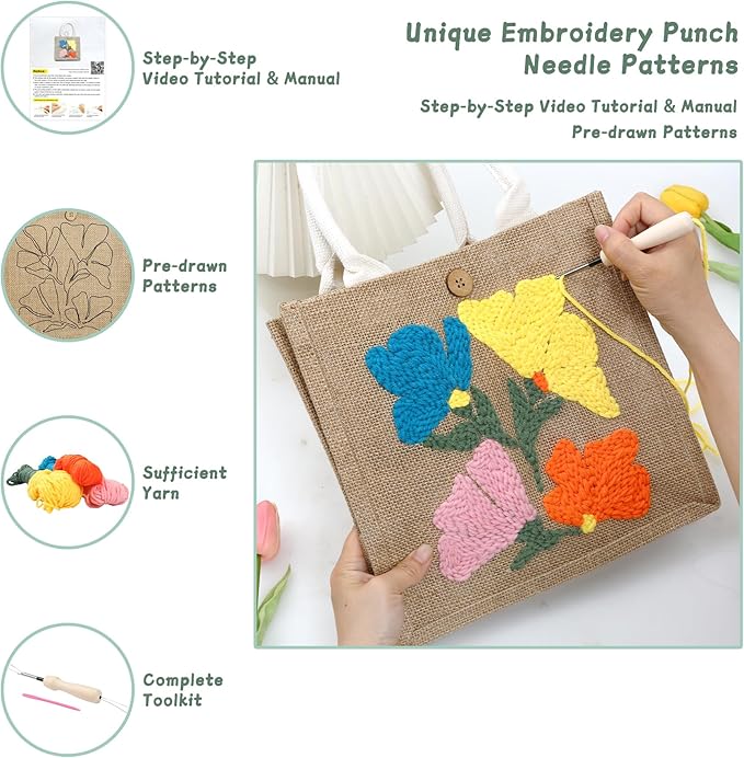 ERNTRNL Punch Needle Tote Bag Kits for Adults Beginner - DIY Punch Needle Embroidery Tote Bag Set, Punch Stitching Kit with Instructions & Video Tutorial Tools (4 Colors)