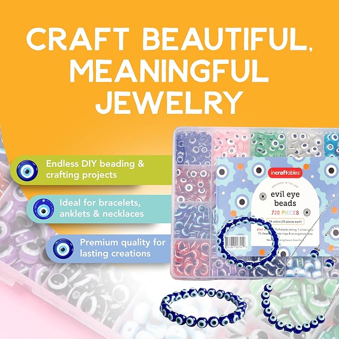 Incraftables 720 Piece Evil Eye Beads Kit – 24 Color Glass Beads Set with Clasps, Jump Rings, Elastic Cords & Organizer - Bracelet Making Kit for Jewelry Crafting