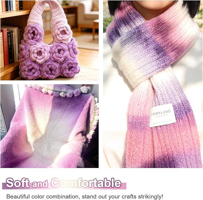 Aeelike Gradient Yarn for Crocheting, 3 Skeins Cake Yarns 100g (3.52 oz) 245m (267 Yards) # 3 Light Weight - Super Soft Ombré Fairyland Yarns for Making Colorful Crafts, Purple Gradient