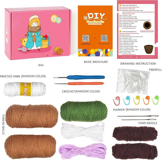 Finnacy Crochet Kit for Beginners Adults, Potted Cactus Plant Crochet Storage Box, All You Need in, Include Crochet Yarns, Hook, Step-by-Step Video, Instruction and Crochet Accessories