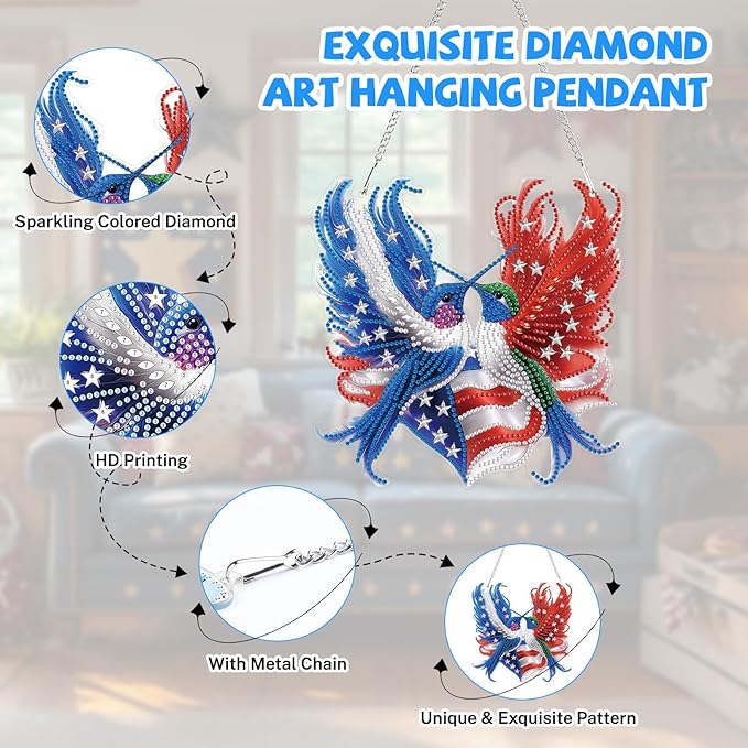 Bowetile Independence Day Birds 5D Diamond Art Hanging Kits for Adults, 4th of July Diamond Painting USA Window Pendant Kits, Special Shape Gem Art Suncatcher Ornament for Home Garden Wall Decor