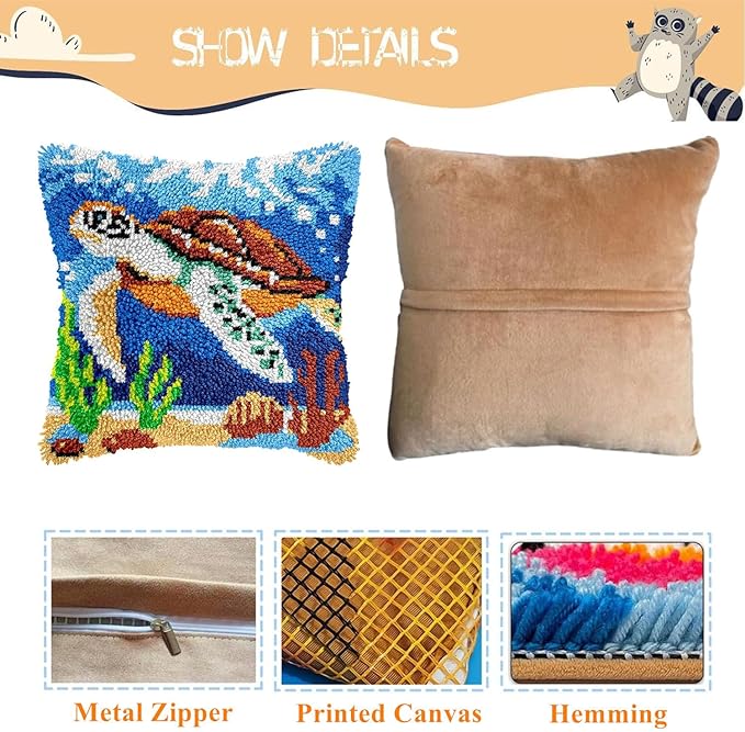 EMISTEM Latch Hook Kits for Adults - Latch Hook Pillow Kits, Crochet Yarn Kit for Beginners, Cross-Stitch Embroidery Cushion Cover Case with Printed Canvas. (Sea Turtle,17x17 inch)