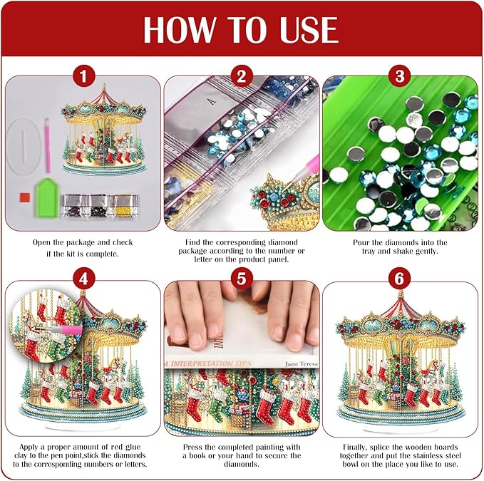 LAKEQUILL Christmas Diamond Painting Kits, Tabletop Ornament, Stand Up Diamond Art Desktop Kits for Home Office Decor, New Year Gift - Xmas Carousel