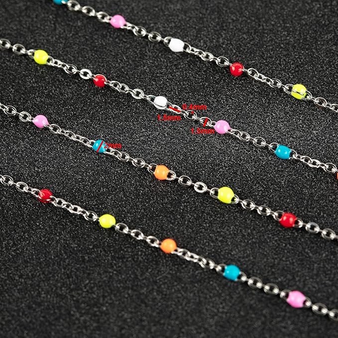 UMAOKANG 33 Feet/10M Silver Jewelry Chains Soldered 304 Colorful Beaded Stainless Steel Link Cable Chain Necklace Bulk for Jewelry Making with 10 Lobster Clasps and 30 Jump Rings