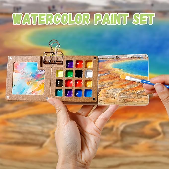 Watercolor Paint Set 12 Colors, 15-Compartment Mini Travel Watercolor Kit with 5 Brushes & Sketchbook, Portable Wooden Box with Color Storage Case for Plein Air & Urban Sketching