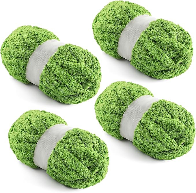 4 Pack Chunky Yarn for Hand Knitting - Chunky Chenille Blanket Yarn for Crocheting - Jumbo Fluffy Yarn for Crochet - Super Bulky Yarn 25 yds 7.7 oz Each Skein (Green)