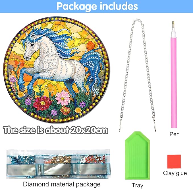 Reofrey Hanging Diamond Art Kits for Adults - 8x8 Inch Horse Acrylic Board Double Sided Pattern Diamond Painting Suncatcher Pendant, DIY Crystal Art for Home Wall or Window Decoration Handmade Gift