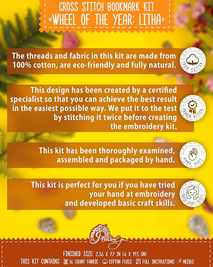 Povitrulya Cross Stitch Bookmark Kit Wheel of the Year: Litha – Counted DIY Embroidery Set for Adults & Beginners, Summer Solstice Pagan Wiccan Sun Fire Festival Gift