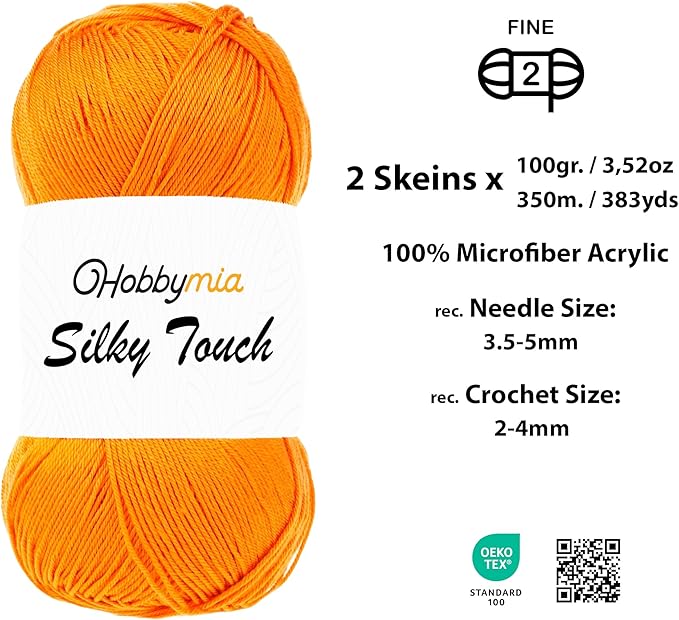 Silky Touch Acrylic Yarn - Soft Sport Weight Yarn for Crochet & Knitting - 100g / 383yds - 100% Microfiber Acrylic - Lightweight Fine Smooth Yarn(Orange - Orange, 2 Skeins)