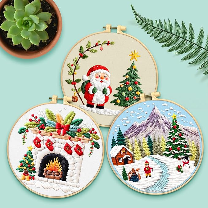 ERKOON Embroidery Kit for Beginners, 5 Sets Christmas Cross Stitch Set for Adults Include Embroidery Cloth Hoops Threads for Craft Lover Hand Stitch with Skill Techniques (Christmas#1)