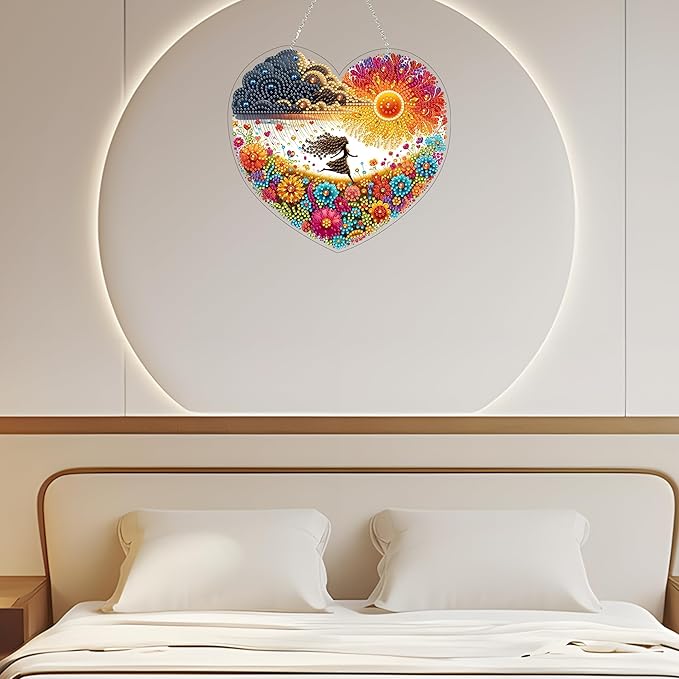 5D Diamond Art Hanging Kit for Adult,Special Shaped Rhinestone,Double Sided DIY Acrylic Diamond Art Painting Window Pendants Home Garden Wall Hanging Kits Hanging Ornament (Run to The Sun)