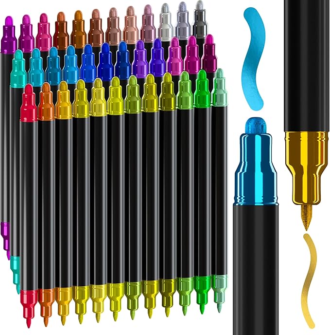 ARTISTRO 36 Metallic Acrylic Paint Markers for Rock, Fabric, Wood, Glass, Eggs - Dual-Tip Paint Pens for Coloring Books for Adults, Teens - Art & Craft Supplies - Gift Idea - Easter Basket Stuffers