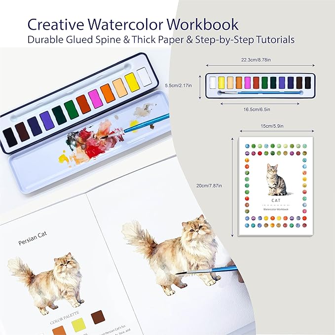 2Pcs Watercolor Workbook Creative Water Color Paint Book Set with Paints & Brush, 12 Patterns of Original DIY Designs, Beginner-Friendly Adult Coloring Books(Cat & Tree)