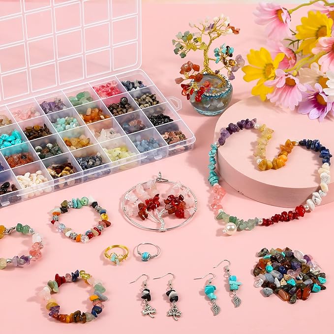 Jollidecor 32 Colors Crystal Stone Beads for Ring Making, Crystal Chips Gemstone Beads Kit Assorted for Jewelry Bracelets, 5mm to 8mm Irregular Rocks Beads Necklace Earring Craft DIY Supplies