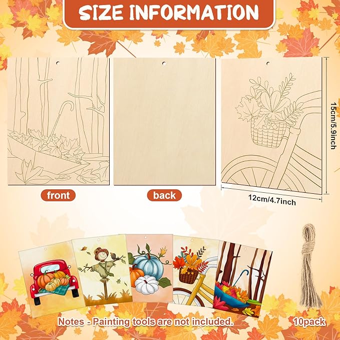 COCHIE 10PCS Large Fall Unfinished Wood Crafts to Paint for Adults, Bulk Predrilled Wooden Ornaments for Painting, Pumpkin Scarecrow Maple Leaf Paintable Wood Slices Craft Supplies with Ropes