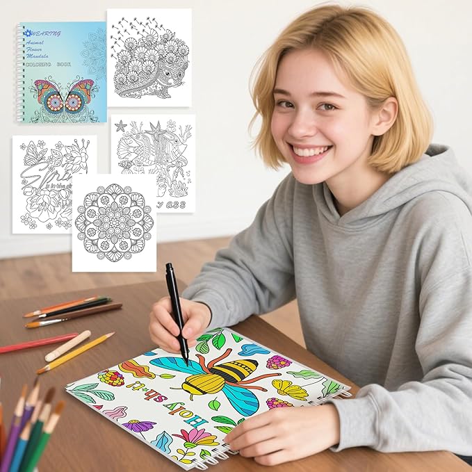 60 Patterns Adult Coloring Book for Stress Relief - Easy to Complex Mandalas Animals Flowers and Funny Words- Travel Size 8 * 7 Inches - Relaxation Gift for Women Men Teens and Seniors