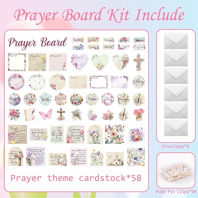 Flower Prayer Board Supplies - 114 Pcs Prayer Board Kit with Pins Envelope Bible Verse Quotes Cards, Colorful Floral Vision Boards Decorations, Bible Study Supplies (Not Including Board)