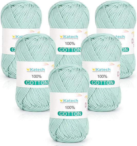 Katech Pure Cotton Yarn for Crocheting & Knitting–Soft Sport Weight CYC #2, 6 Skeins (50g Each, 300g Total), Ideal Crochet Yarn for Dishcloths, Baby Clothes, Socks, Scarves（Light Lake Blue）