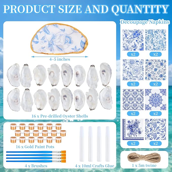 APUDWN 16 Set Natural Oyster Shells for Crafts 4-5 Inch Flat Oyster Shell Kits with Holes Drilled Includes Floral Chinoiserie Decoupage Napkins Glue Paints Twine Brushs for DIY Arts Hanging Ornaments