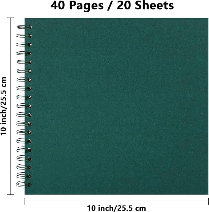 10 x 10 Inch DIY Scrapbook Photo Album Hardcover Kraft Blank Page Acid-Free, 40 Pages (20 Sheets) Memory Book for Wedding Anniversaries Family Baby Memories Small Scrapbooking Projects, Green