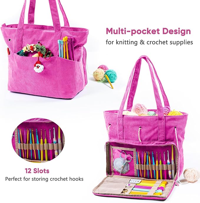 Large Crochet Bag & Tote, Corduroy Yarn Organizer for Crocheting, Yarn Storage Bag for Hooks and Accessories, Knitting Tote for Crochet Lovers, Mother’s Day Gift