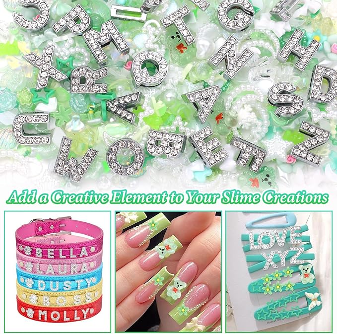 330 Pcs Green Junk Phone Case Charms 26 Pcs A-Z Rhinestone Alphabet Letter Charms, Mix Flower Bow Heart Pearls Flatback Resin Charms Letter Junk Cases Kit for DIY Crafts