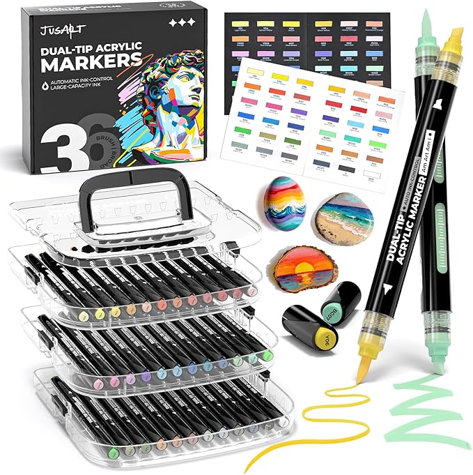 JusArt 36 Colors Automatic Ink Control Acrylic Paint Markers, Dual Tip with Broad Tip and Brush Tip Pens for Ceramic, Wood, Canvas, Glass, Stone, Fabric, Rock Painting, DIY Crafts Art Supplies Kit