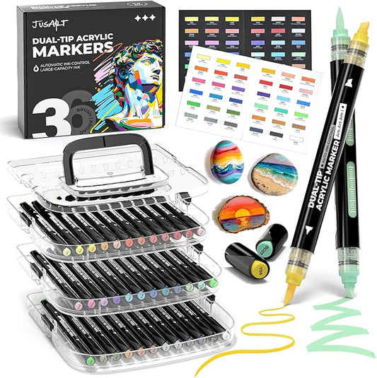 JusArt 36 Colors Automatic Ink Control Acrylic Paint Markers, Dual Tip with Broad Tip and Brush Tip Pens for Ceramic, Wood, Canvas, Glass, Stone, Fabric, Rock Painting, DIY Crafts Art Supplies Kit