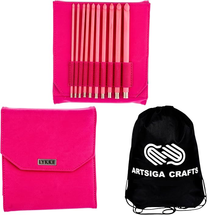 Lykke Blush 6 in. Set Sizes 3.5, 3.75, 4.0, 4.5, 5.0, 5.5, 6.0, 6.5, 8.0, 9mm Crochet Hooks for Sport, Baby, DK, Worsted, Chunky Yarn, Birchwood with Fuchsia DM Case, Project Bag