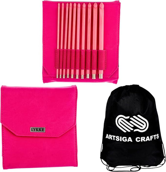 Lykke Blush 6 in. Set Sizes 3.5, 3.75, 4.0, 4.5, 5.0, 5.5, 6.0, 6.5, 8.0, 9mm Crochet Hooks for Sport, Baby, DK, Worsted, Chunky Yarn, Birchwood with Fuchsia DM Case, Project Bag