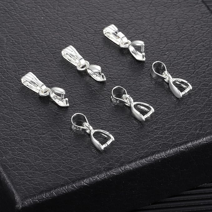 925 Sterling Silver Pinch Bail Clasp, 6 Pcs Hypoallergenic White Gold Plated Slider Necklace Pendant Pinch Clip with Open Loop Snap Bail Necklace Pendant Clasp Connectors for Jewelry Making