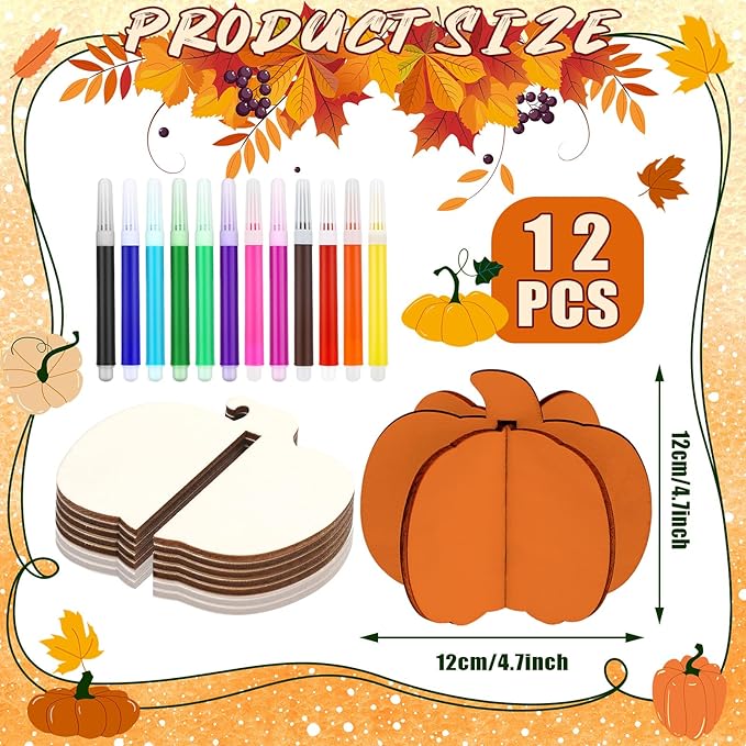 Blosssound 48 Pcs Fall Craft Set 36 Wood Pumpkin for Crafts 3D Pumpkin Cutouts with 12 Colored Markers Wooden Unfinished Slices to Paint for Thanksgiving Autumn Harvest DIY Handmade Tiered Tray Decor