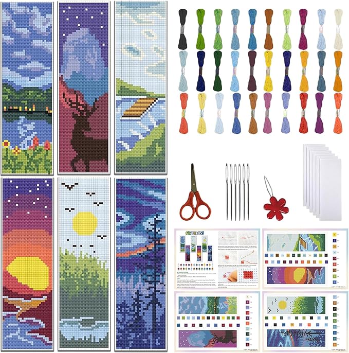 FREEBLOSS 6 Set Cross Stitch Bookmark Kit Scenery Pattern with 30 Colors Embroidery Floss DIY Bookmark Kit with Instruction Embroidery Kit for Beginners 8''x2.4''