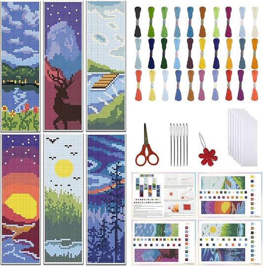 FREEBLOSS 6 Set Cross Stitch Bookmark Kit Scenery Pattern with 30 Colors Embroidery Floss DIY Bookmark Kit with Instruction Embroidery Kit for Beginners 8''x2.4''